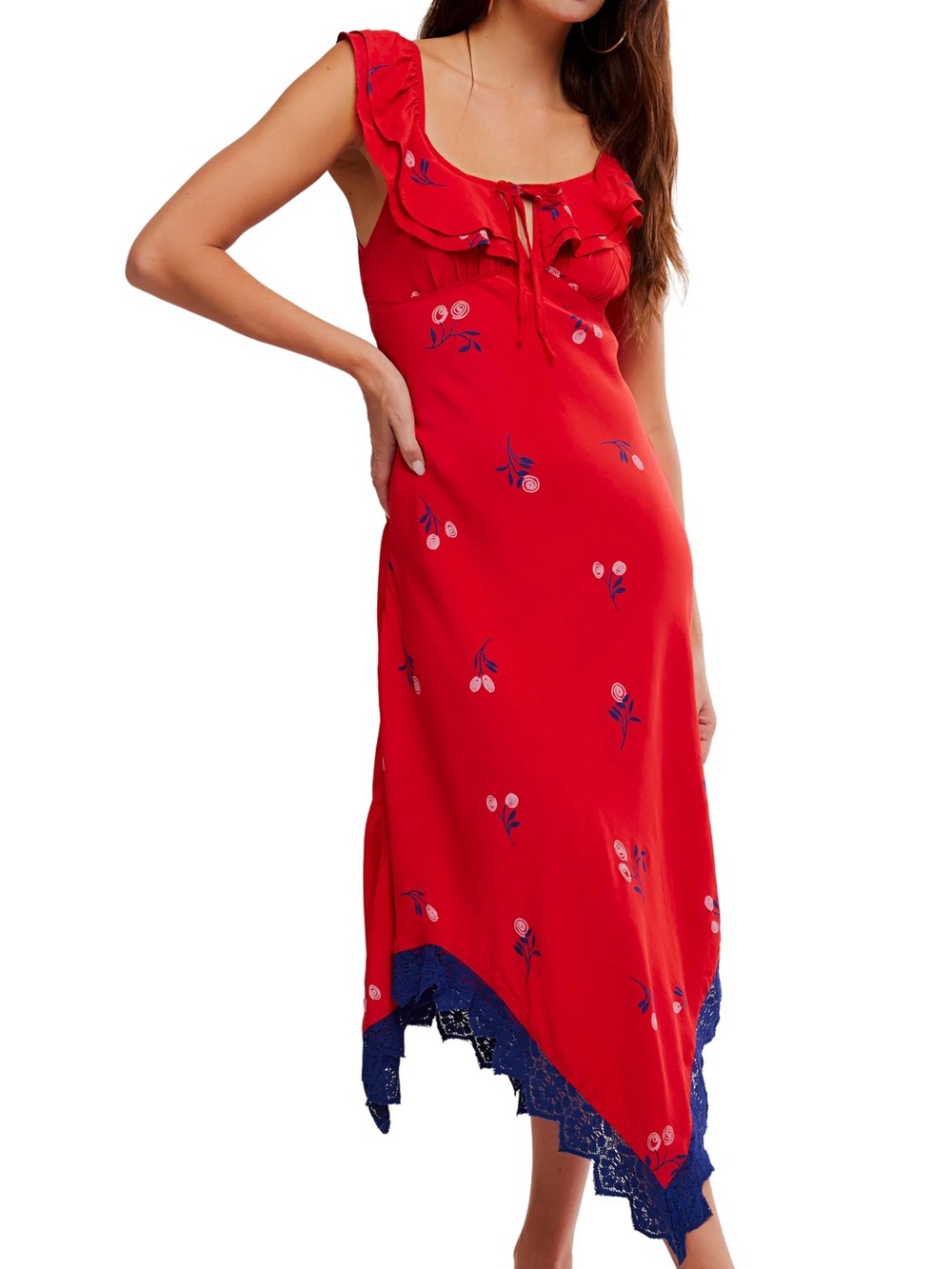 NWOT Free People Flock Together Cherry Red Ruffle Lace Handkerchief Midi Dress M
